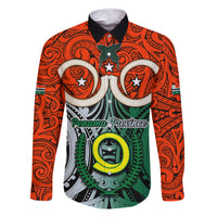 Vanuatu Penama Province Family Matching Off Shoulder Maxi Dress and Hawaiian Shirt Pig Tusk Mix Maori Pattern and Namele Leaf LT03 Dad's Shirt - Long Sleeve Orange - Polynesian Pride