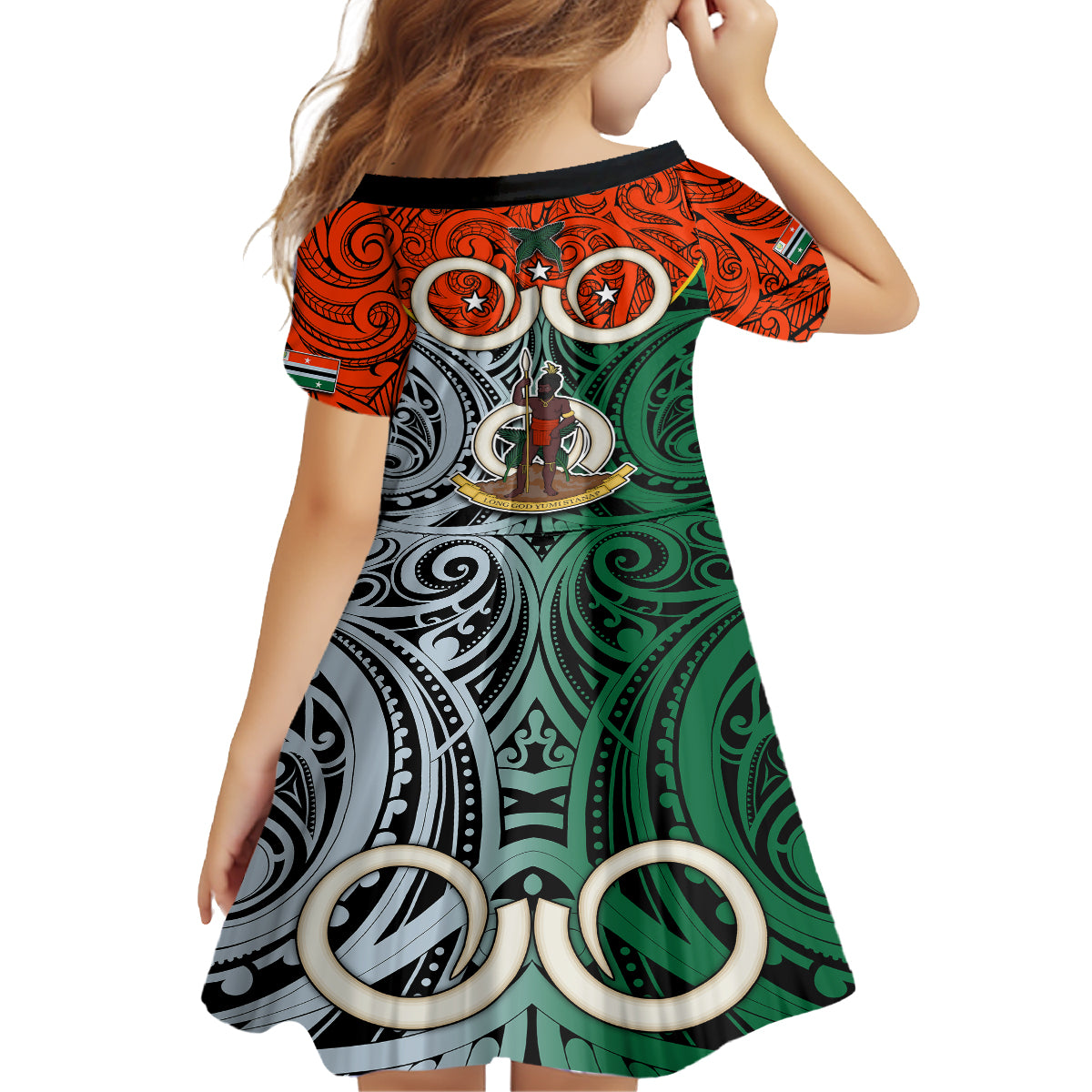 Vanuatu Penama Province Family Matching Off Shoulder Short Dress and Hawaiian Shirt Pig Tusk Mix Maori Pattern and Namele Leaf LT03 - Polynesian Pride