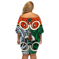 Vanuatu Penama Province Family Matching Off Shoulder Short Dress and Hawaiian Shirt Pig Tusk Mix Maori Pattern and Namele Leaf LT03 - Polynesian Pride