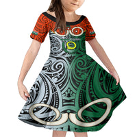 Vanuatu Penama Province Family Matching Summer Maxi Dress and Hawaiian Shirt Pig Tusk Mix Maori Pattern and Namele Leaf LT03 Daughter's Dress Orange - Polynesian Pride
