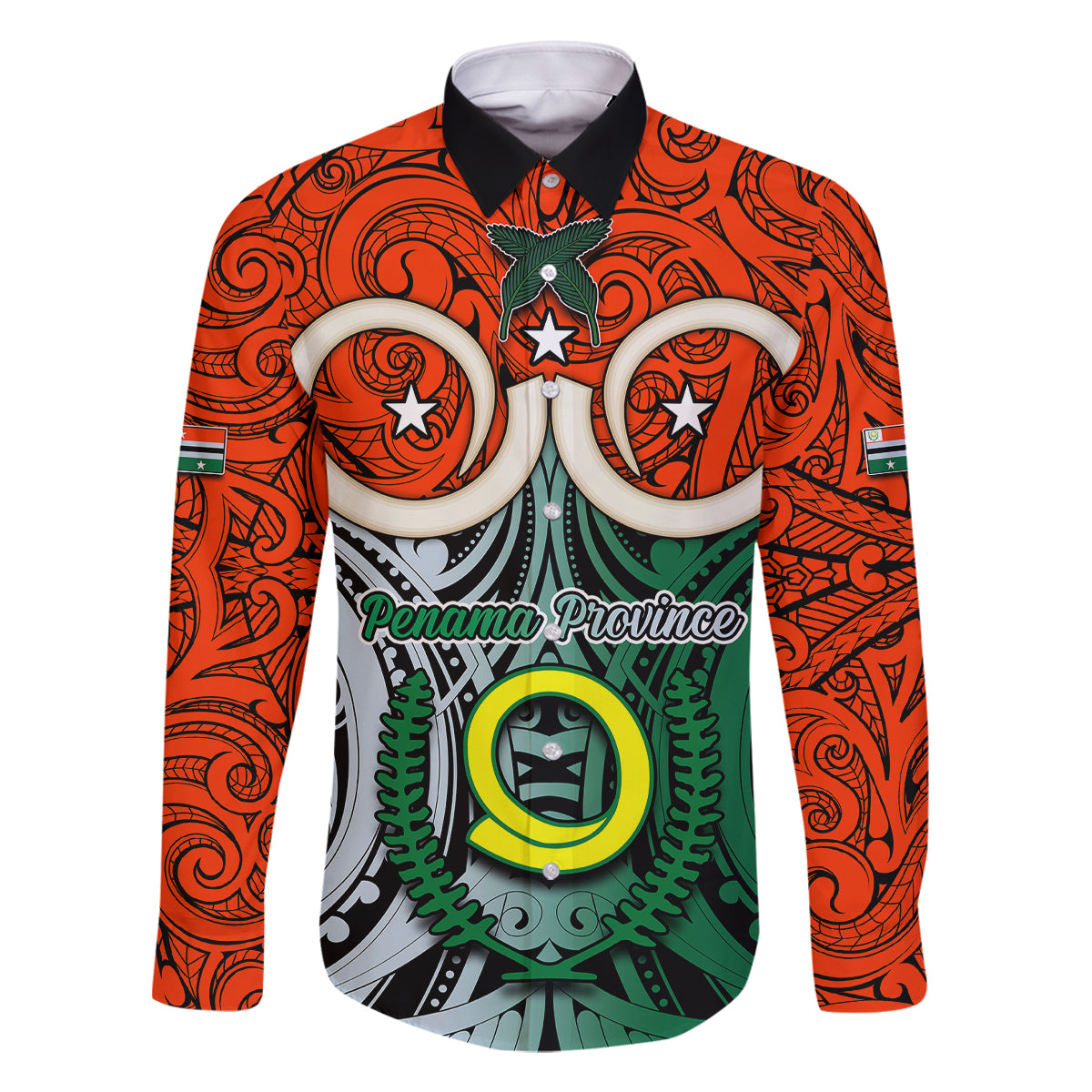 Vanuatu Penama Province Family Matching Summer Maxi Dress and Hawaiian Shirt Pig Tusk Mix Maori Pattern and Namele Leaf LT03 Dad's Shirt - Long Sleeve Orange - Polynesian Pride
