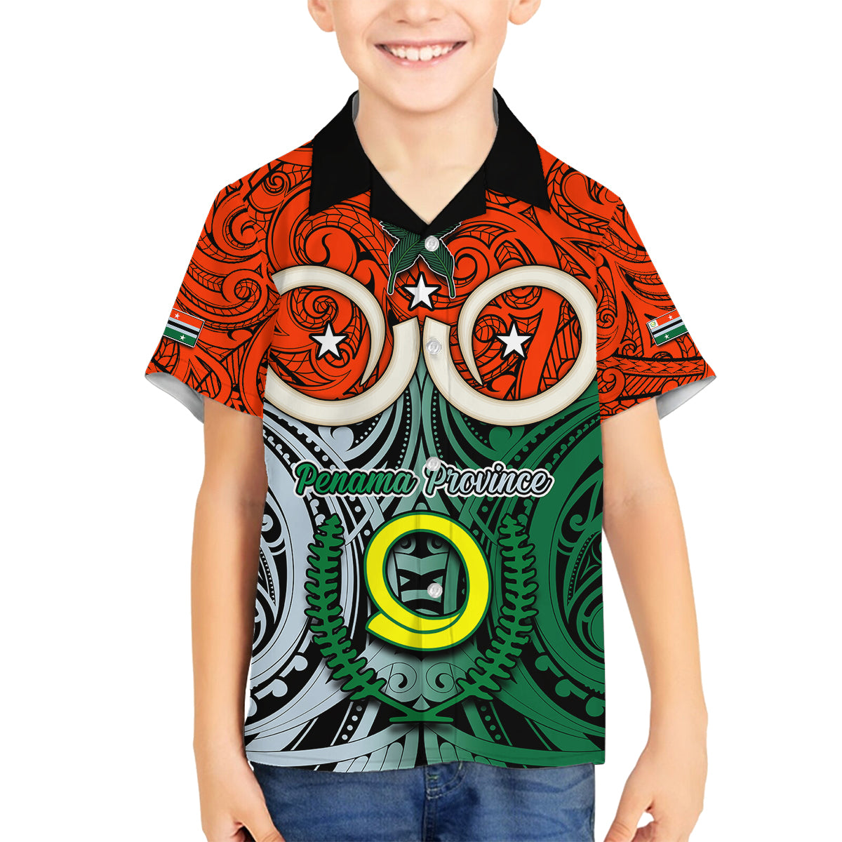 Vanuatu Penama Province Family Matching Tank Maxi Dress and Hawaiian Shirt Pig Tusk Mix Maori Pattern and Namele Leaf LT03 Son's Shirt Orange - Polynesian Pride