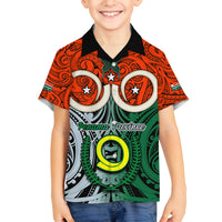 Vanuatu Penama Province Family Matching Tank Maxi Dress and Hawaiian Shirt Pig Tusk Mix Maori Pattern and Namele Leaf LT03 Son's Shirt Orange - Polynesian Pride