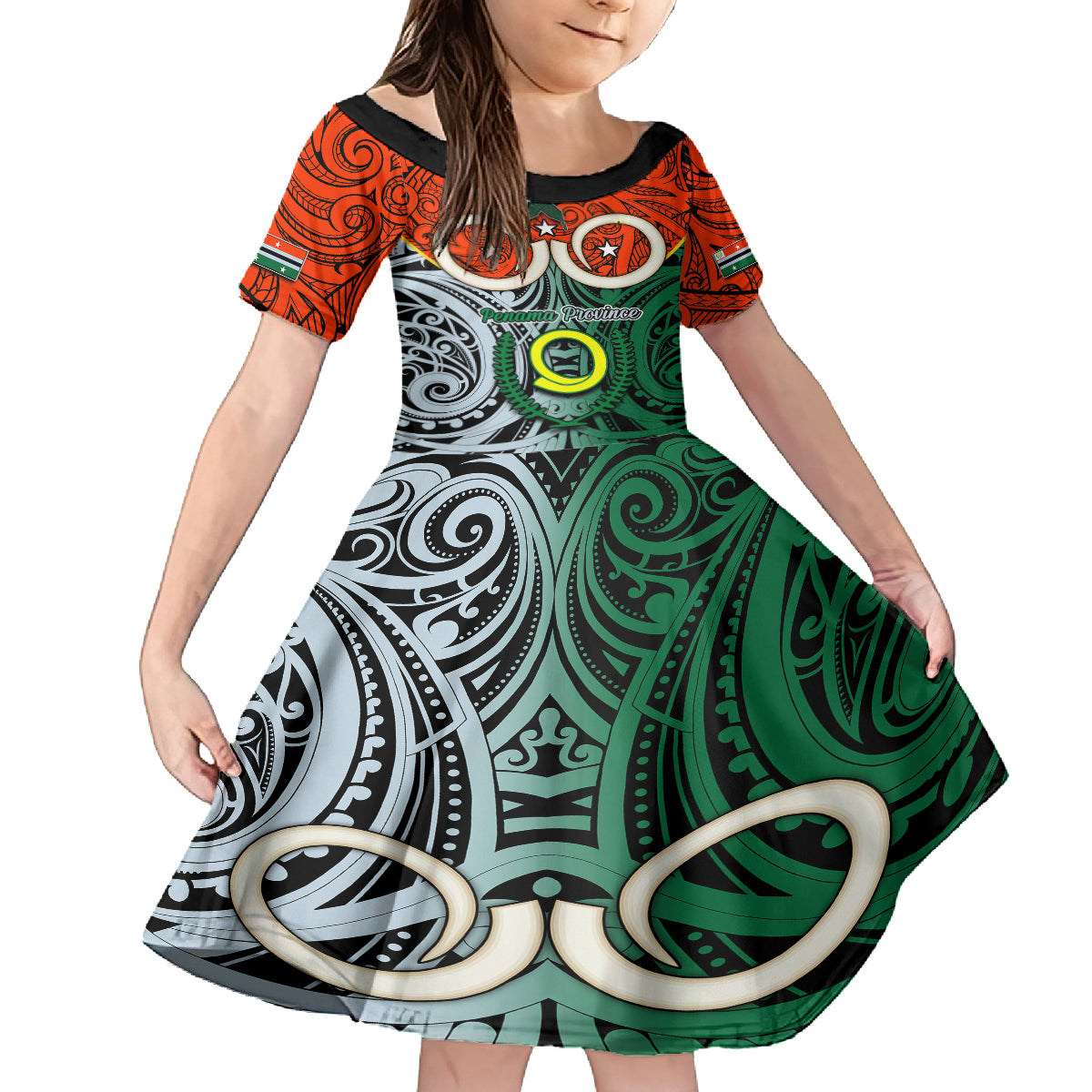 Personalised Vanuatu Penama Province Family Matching Off Shoulder Maxi Dress and Hawaiian Shirt Pig Tusk Mix Maori Pattern and Namele Leaf LT03 Daughter's Dress Orange - Polynesian Pride