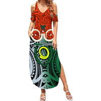 Personalised Vanuatu Penama Province Family Matching Summer Maxi Dress and Hawaiian Shirt Pig Tusk Mix Maori Pattern and Namele Leaf LT03 Mom's Dress Orange - Polynesian Pride