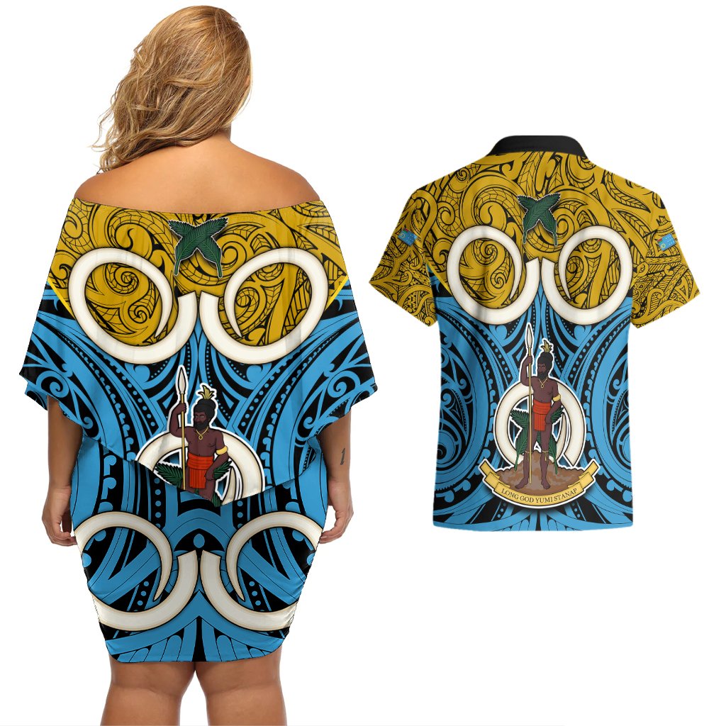 Vanuatu Sanma Province Couples Matching Off Shoulder Short Dress and Hawaiian Shirt Pig Tusk Mix Maori Pattern and Namele Leaf LT03 - Polynesian Pride