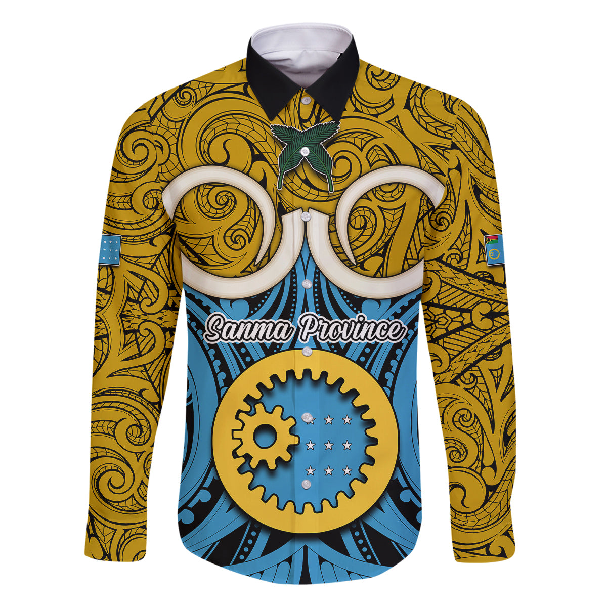 Vanuatu Sanma Province Family Matching Summer Maxi Dress and Hawaiian Shirt Pig Tusk Mix Maori Pattern and Namele Leaf LT03 Dad's Shirt - Long Sleeve Blue - Polynesian Pride