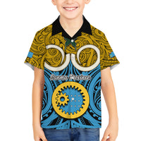 Personalised Vanuatu Sanma Province Family Matching Off Shoulder Long Sleeve Dress and Hawaiian Shirt Pig Tusk Mix Maori Pattern and Namele Leaf LT03 Son's Shirt Blue - Polynesian Pride