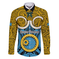 Personalised Vanuatu Sanma Province Family Matching Off Shoulder Short Dress and Hawaiian Shirt Pig Tusk Mix Maori Pattern and Namele Leaf LT03 Dad's Shirt - Long Sleeve Blue - Polynesian Pride