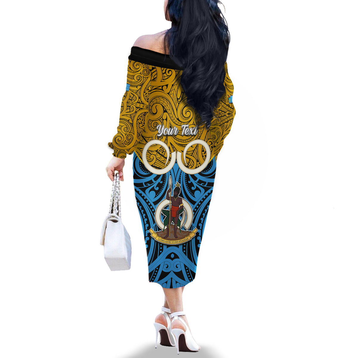 Personalised Vanuatu Sanma Province Off The Shoulder Long Sleeve Dress Pig Tusk Mix Maori Pattern and Namele Leaf LT03 - Polynesian Pride