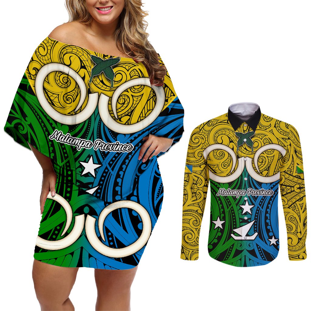 Vanuatu Malampa Province Couples Matching Off Shoulder Short Dress and Long Sleeve Button Shirts Pig Tusk Mix Maori Pattern and Namele Leaf LT03 Yellow - Polynesian Pride
