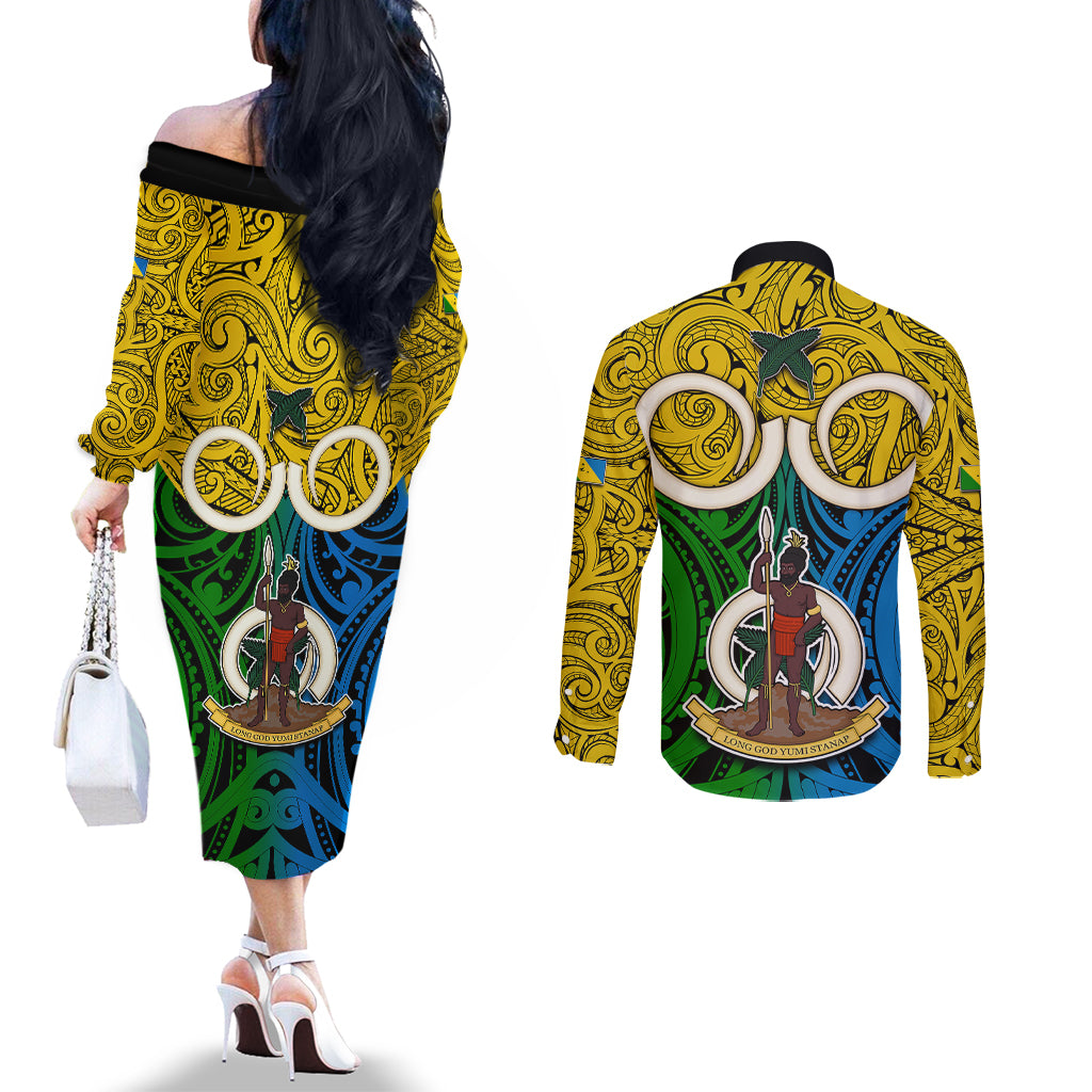 Vanuatu Malampa Province Couples Matching Off The Shoulder Long Sleeve Dress and Long Sleeve Button Shirts Pig Tusk Mix Maori Pattern and Namele Leaf LT03 - Polynesian Pride