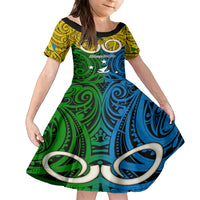 Vanuatu Malampa Province Family Matching Off Shoulder Maxi Dress and Hawaiian Shirt Pig Tusk Mix Maori Pattern and Namele Leaf LT03 Daughter's Dress Yellow - Polynesian Pride
