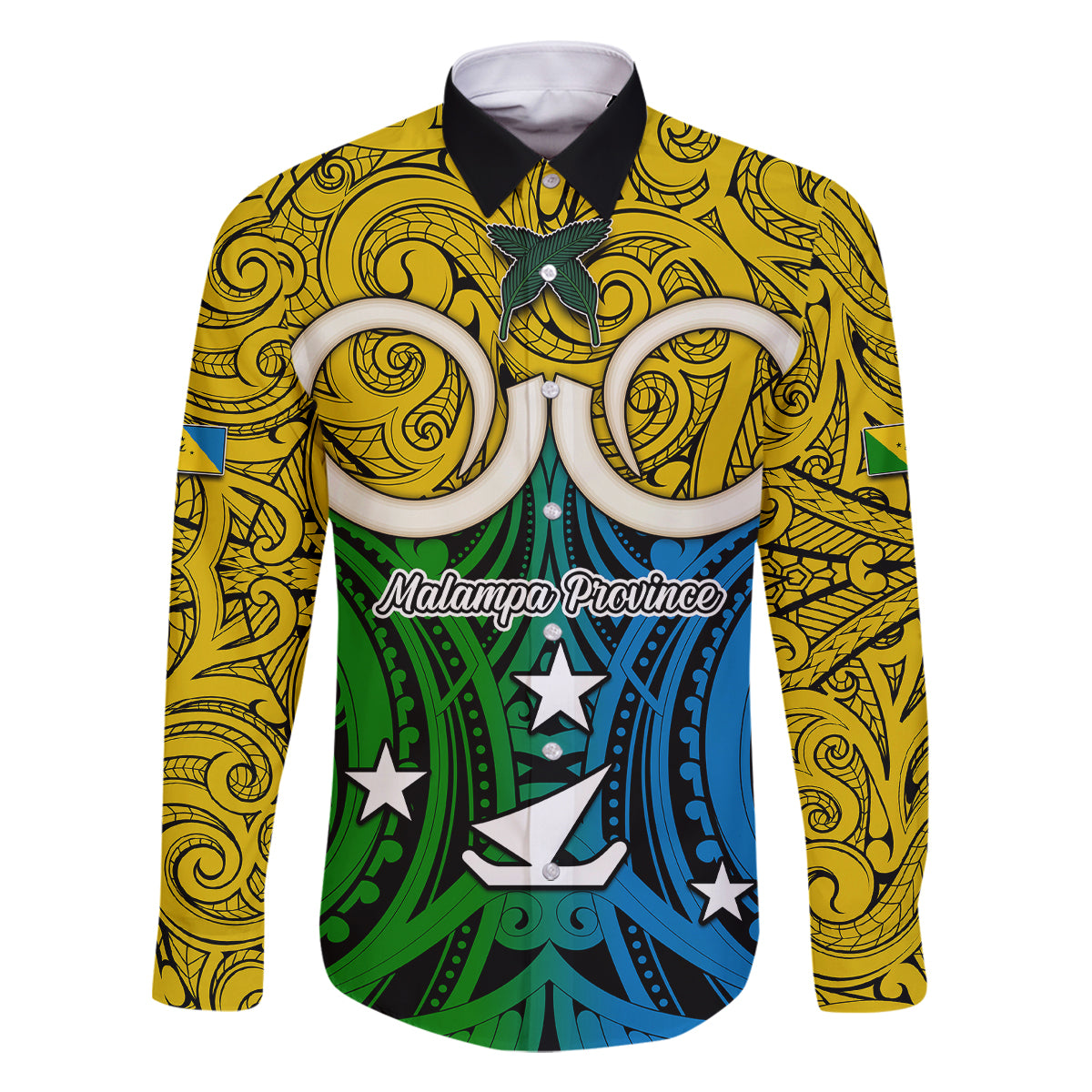 Vanuatu Malampa Province Family Matching Summer Maxi Dress and Hawaiian Shirt Pig Tusk Mix Maori Pattern and Namele Leaf LT03 Dad's Shirt - Long Sleeve Yellow - Polynesian Pride