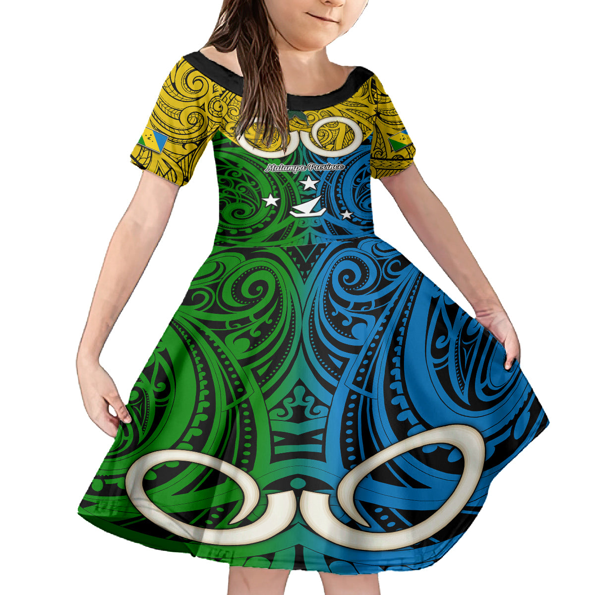 Personalised Vanuatu Malampa Province Kid Short Sleeve Dress Pig Tusk Mix Maori Pattern and Namele Leaf LT03 KID Yellow - Polynesian Pride