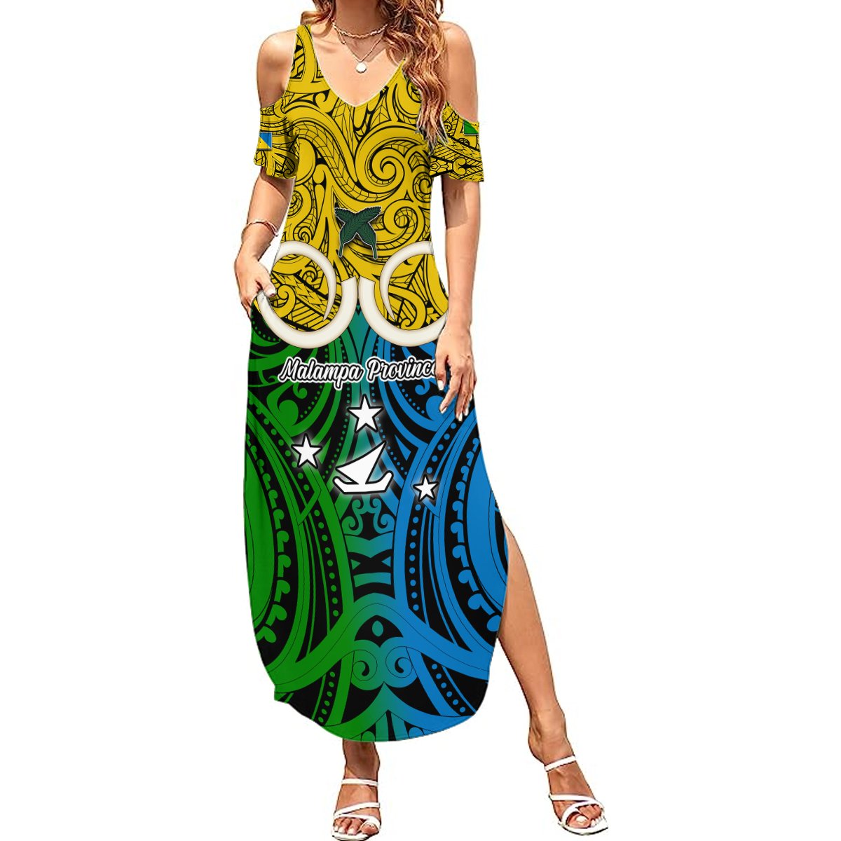 Personalised Vanuatu Malampa Province Summer Maxi Dress Pig Tusk Mix Maori Pattern and Namele Leaf LT03 Women Yellow - Polynesian Pride