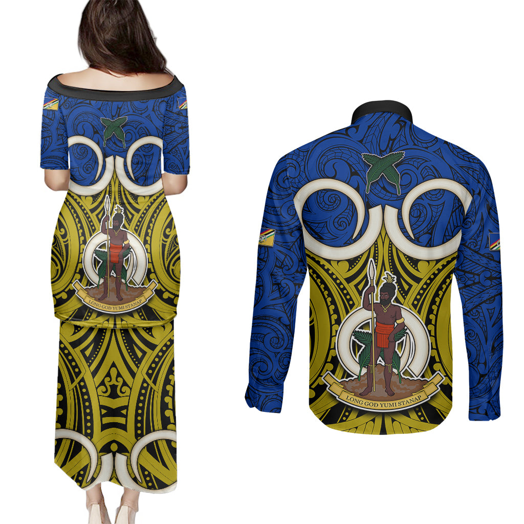 Vanuatu Torba Province Couples Matching Puletasi Dress and Long Sleeve Button Shirts Pig Tusk Mix Maori Pattern and Namele Leaf LT03 - Polynesian Pride