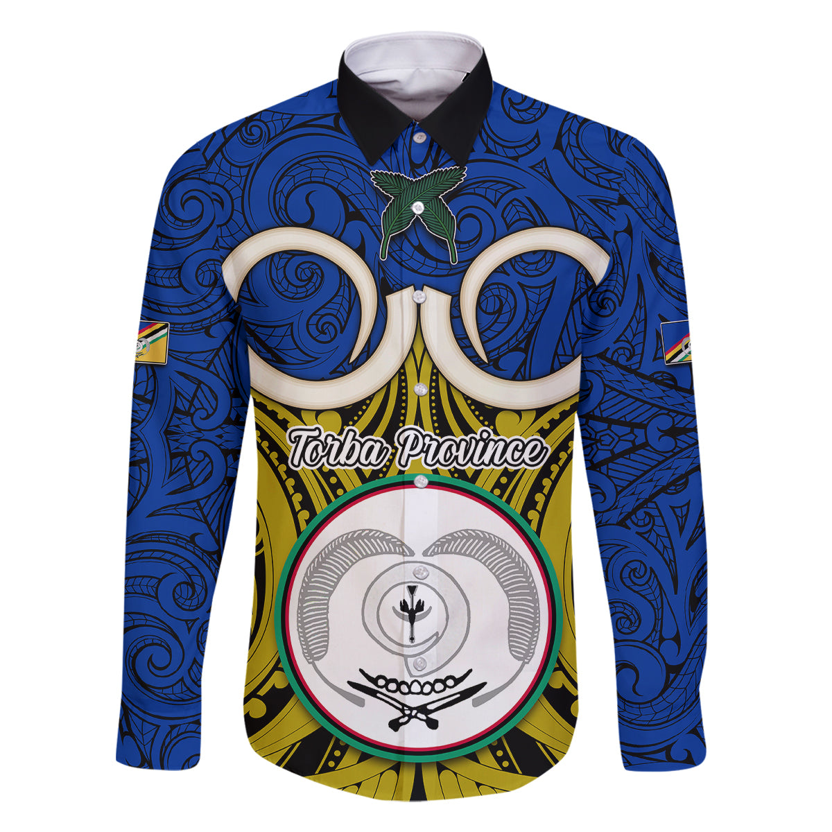 Vanuatu Torba Province Family Matching Off Shoulder Long Sleeve Dress and Hawaiian Shirt Pig Tusk Mix Maori Pattern and Namele Leaf LT03 Dad's Shirt - Long Sleeve Blue - Polynesian Pride