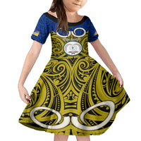 Personalised Vanuatu Torba Province Family Matching Off Shoulder Short Dress and Hawaiian Shirt Pig Tusk Mix Maori Pattern and Namele Leaf LT03 Daughter's Dress Blue - Polynesian Pride