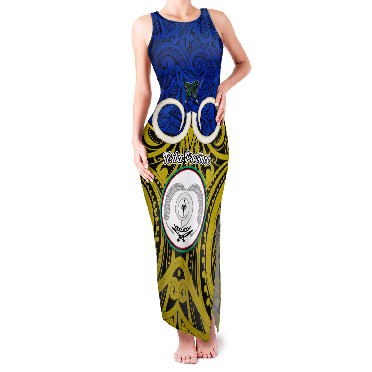 Personalised Vanuatu Torba Province Family Matching Tank Maxi Dress and Hawaiian Shirt Pig Tusk Mix Maori Pattern and Namele Leaf LT03 Mom's Dress Blue - Polynesian Pride
