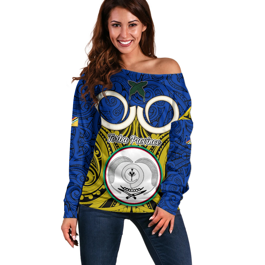 Personalised Vanuatu Torba Province Off Shoulder Sweater Pig Tusk Mix Maori Pattern and Namele Leaf LT03 Women Blue - Polynesian Pride