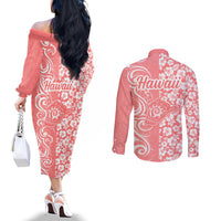 Hawaii Kauai Island Couples Matching Off The Shoulder Long Sleeve Dress and Long Sleeve Button Shirts Hibiscus Pattern Seamless Tribal Simple Pink Pastel LT03 - Polynesian Pride