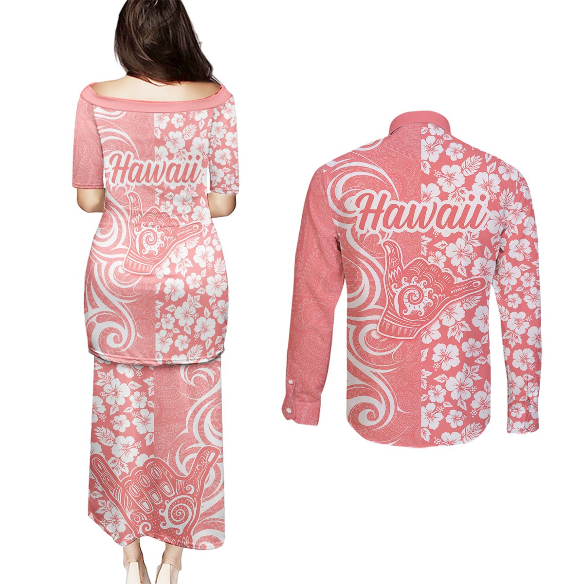 Hawaii Kauai Island Couples Matching Puletasi Dress and Long Sleeve Button Shirts Hibiscus Pattern Seamless Tribal Simple Pink Pastel LT03 - Polynesian Pride