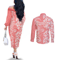 Custom Hawaii Kauai Island Couples Matching Off The Shoulder Long Sleeve Dress and Long Sleeve Button Shirts Hibiscus Pattern Seamless Tribal Simple Pink Pastel LT03 - Polynesian Pride