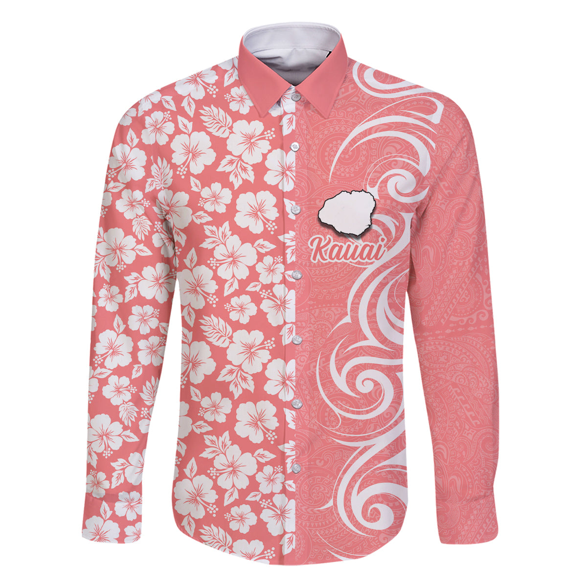 Custom Hawaii Kauai Island Family Matching Off Shoulder Long Sleeve Dress and Hawaiian Shirt Hibiscus Pattern Seamless Tribal Simple Pink Pastel LT03 Dad's Shirt - Long Sleeve Pink - Polynesian Pride