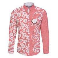 Custom Hawaii Kauai Island Family Matching Off Shoulder Long Sleeve Dress and Hawaiian Shirt Hibiscus Pattern Seamless Tribal Simple Pink Pastel LT03 Dad's Shirt - Long Sleeve Pink - Polynesian Pride