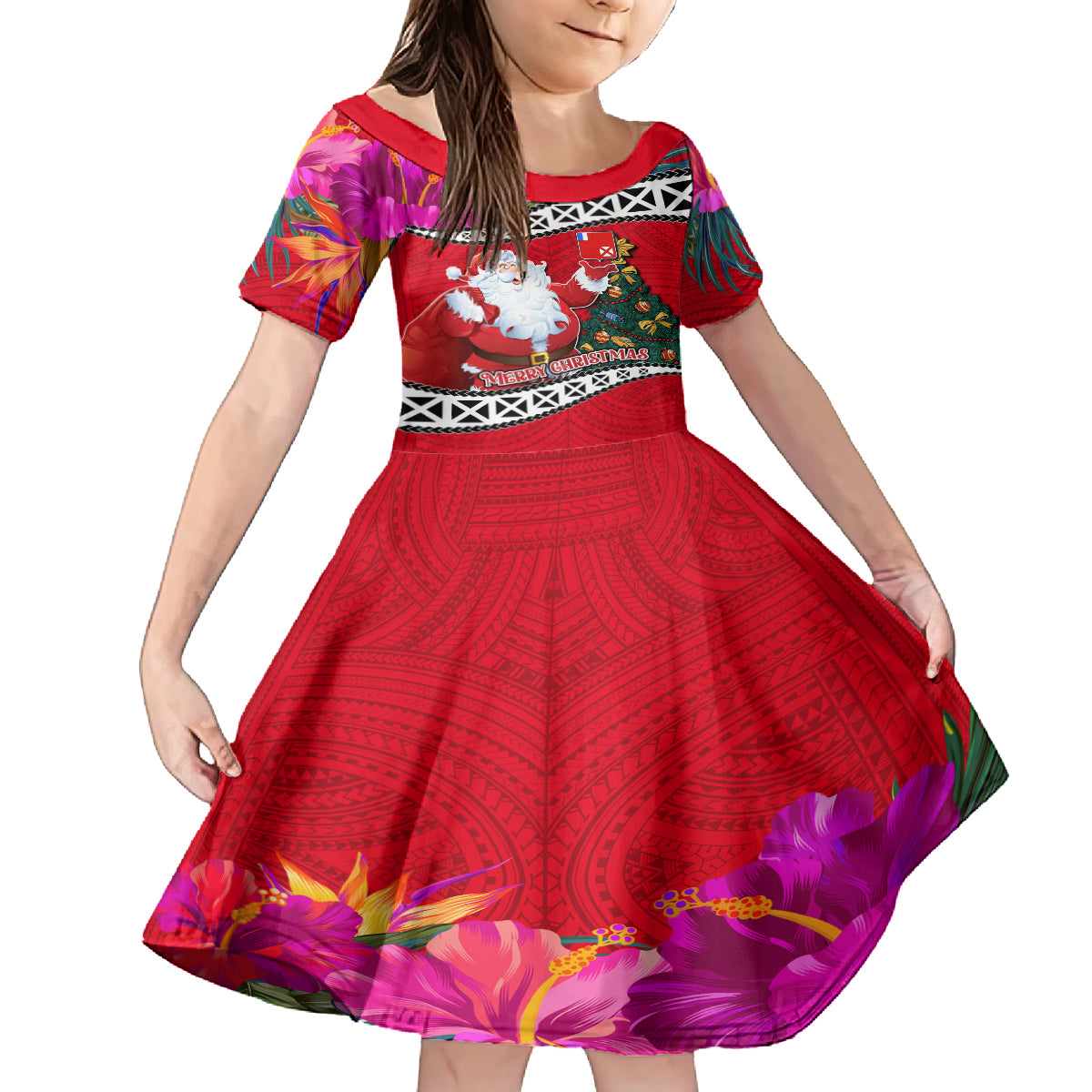 Custom Wallis and Futuna Christmas Family Matching Puletasi Dress and Hawaiian Shirt Santa Claus Holding Coat of Arms Polynesian Xmas Style LT03 Daughter's Dress Red - Polynesian Pride