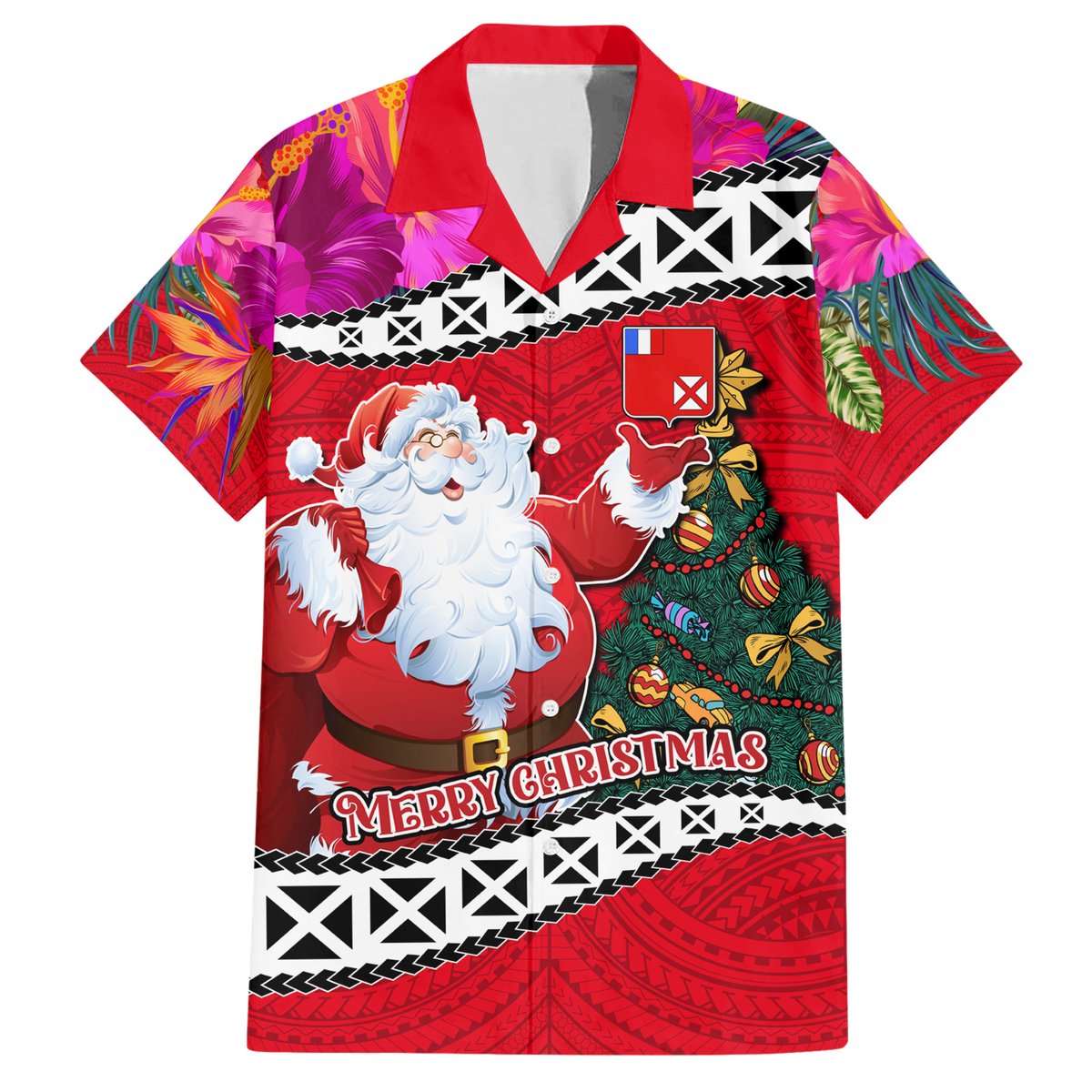 Custom Wallis and Futuna Christmas Hawaiian Shirt Santa Claus Holding Coat of Arms Polynesian Xmas Style LT03 Red - Polynesian Pride