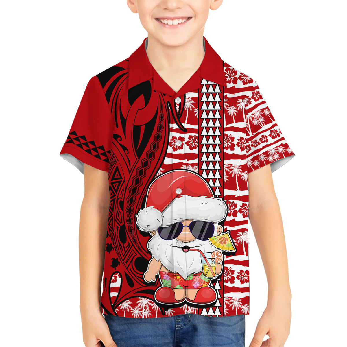 Mele Kalikimaka Hawaii Christmas Family Matching Puletasi Dress and Hawaiian Shirt Santa Claus Kakau Tribal Mix Polynesia Tattoo LT03 Son's Shirt Red - Polynesian Pride