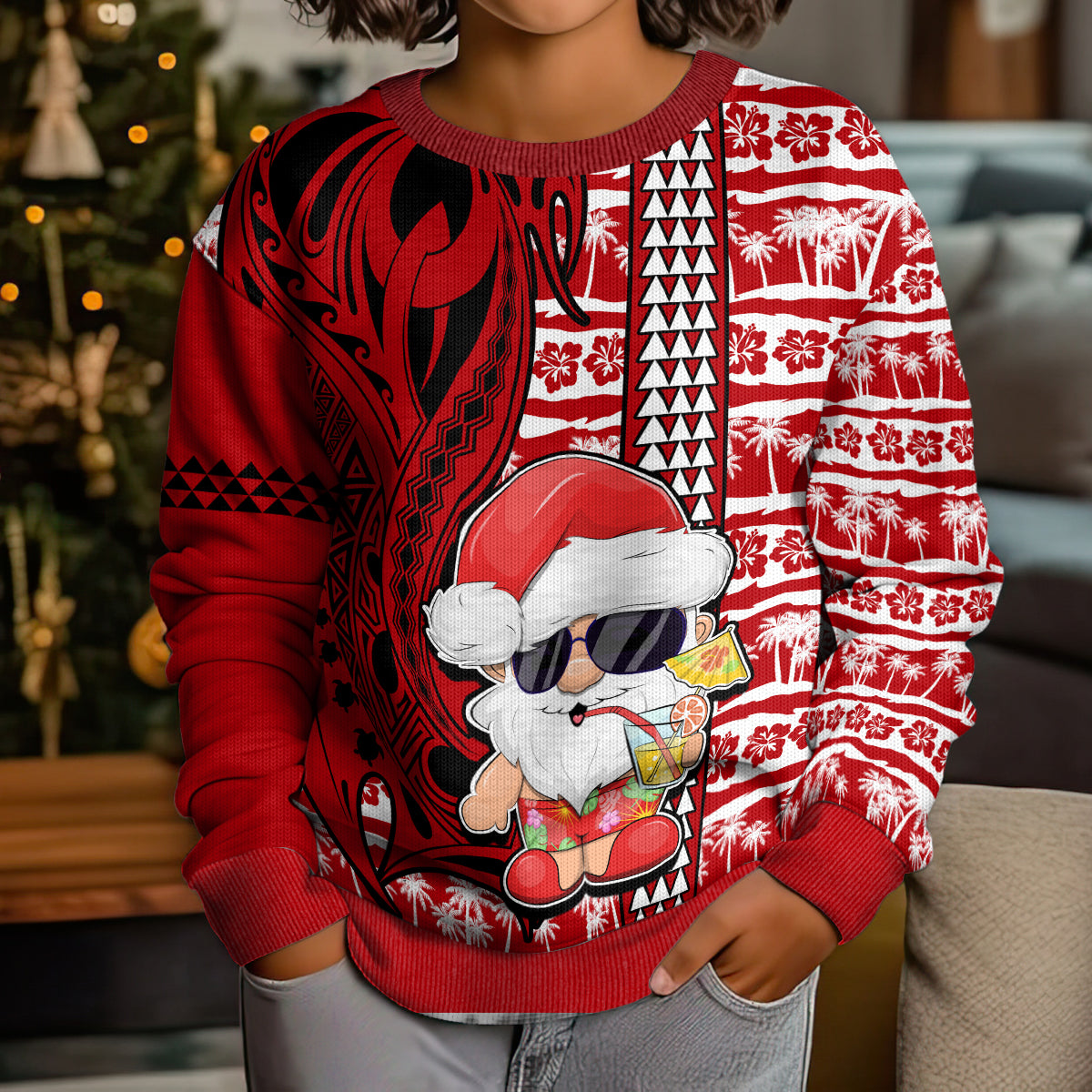 Mele Kalikimaka Hawaii Christmas Kid Ugly Christmas Sweater Santa Claus Kakau Tribal Mix Polynesia Tattoo LT03 - Polynesian Pride