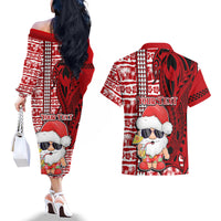 Custom Mele Kalikimaka Hawaii Christmas Couples Matching Off The Shoulder Long Sleeve Dress and Hawaiian Shirt Santa Claus Kakau Tribal Mix Polynesia Tattoo LT03 - Polynesian Pride