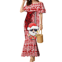 Custom Mele Kalikimaka Hawaii Christmas Family Matching Mermaid Dress and Hawaiian Shirt Santa Claus Kakau Tribal Mix Polynesia Tattoo LT03 Mom's Dress Red - Polynesian Pride