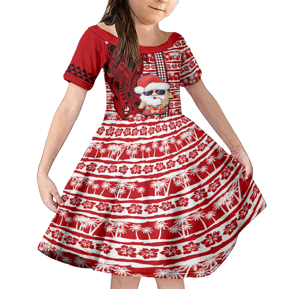 Custom Mele Kalikimaka Hawaii Christmas Family Matching Summer Maxi Dress and Hawaiian Shirt Santa Claus Kakau Tribal Mix Polynesia Tattoo LT03 Daughter's Dress Red - Polynesian Pride