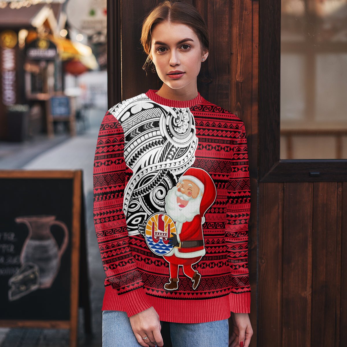 French Polynesia Christmas Ugly Christmas Sweater Santa Hold Seal with Polynesian Tribal Tattoo LT03 - Polynesian Pride