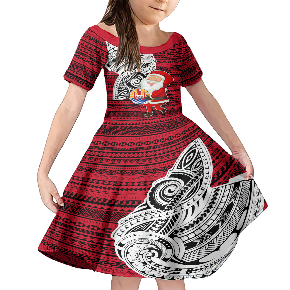 Custom French Polynesia Christmas Family Matching Off Shoulder Maxi Dress and Hawaiian Shirt Santa Hold Seal with Polynesian Tribal Tattoo LT03 Daughter's Dress Red - Polynesian Pride
