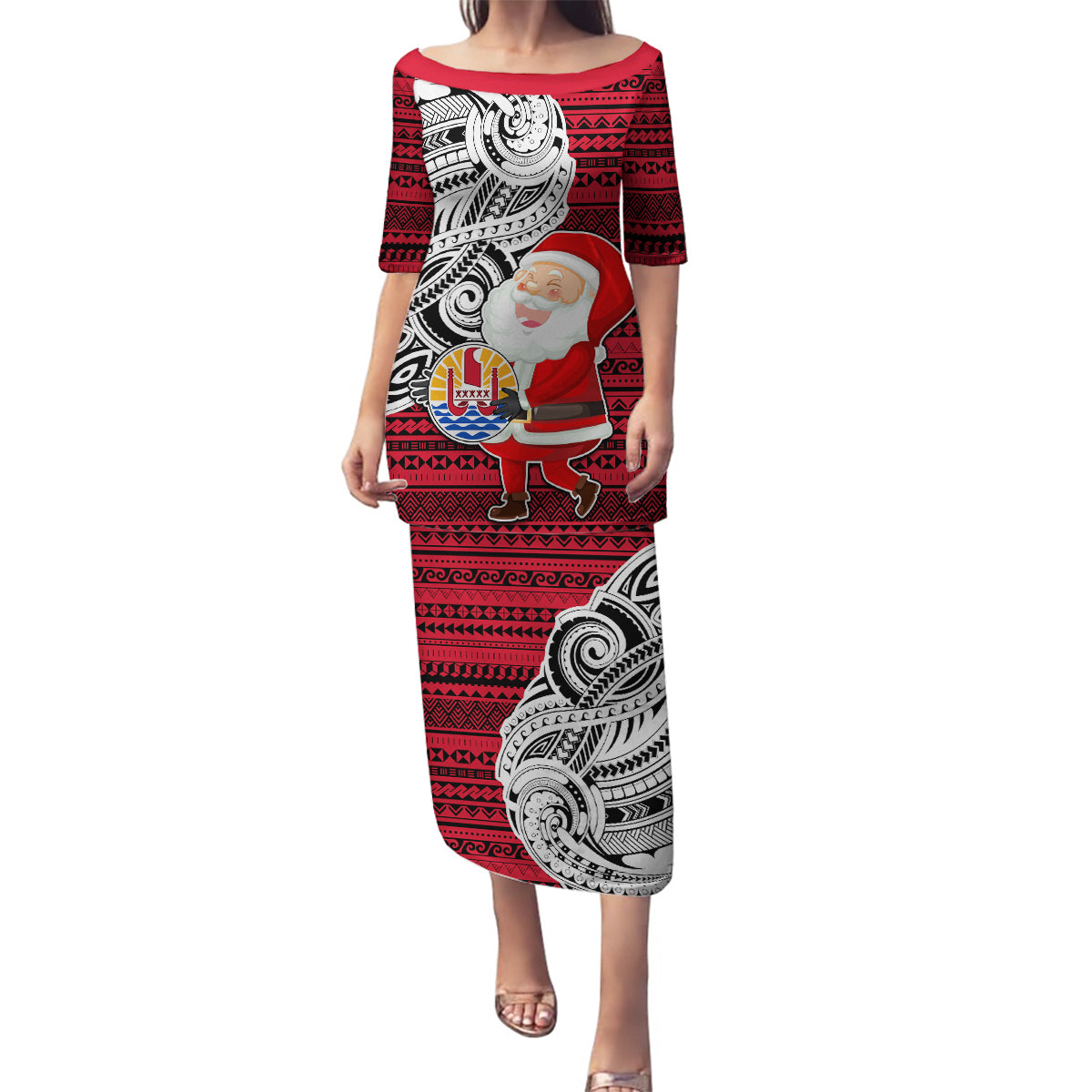 Custom French Polynesia Christmas Family Matching Puletasi Dress and Hawaiian Shirt Santa Hold Seal with Polynesian Tribal Tattoo LT03 Mom's Dress Red - Polynesian Pride