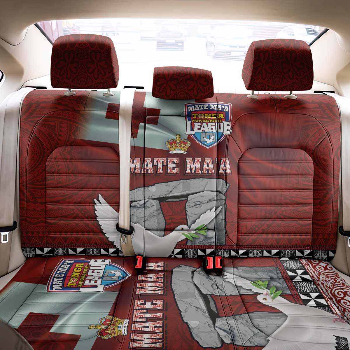 Mate Ma'a Tonga Back Car Seat Cover Haamonga a Maui and White Dove - Tongan Kupesi Ngatu LT03 - Polynesian Pride
