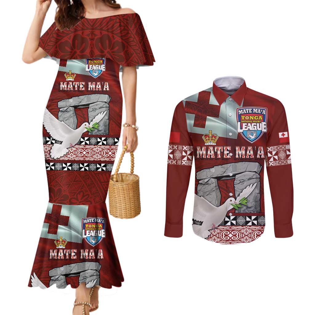 Mate Ma'a Tonga Couples Matching Mermaid Dress and Long Sleeve Button Shirt Haamonga a Maui and White Dove - Tongan Kupesi Ngatu LT03 Red - Polynesian Pride