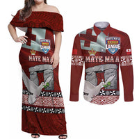 Mate Ma'a Tonga Couples Matching Off Shoulder Maxi Dress and Long Sleeve Button Shirt Haamonga a Maui and White Dove - Tongan Kupesi Ngatu LT03 Red - Polynesian Pride