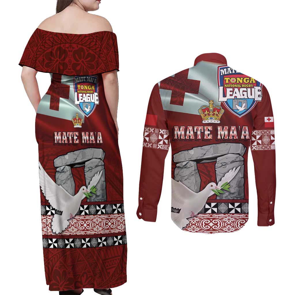 Mate Ma'a Tonga Couples Matching Off Shoulder Maxi Dress and Long Sleeve Button Shirt Haamonga a Maui and White Dove - Tongan Kupesi Ngatu LT03 - Polynesian Pride
