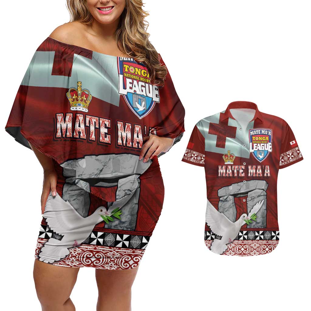 Mate Ma'a Tonga Couples Matching Off Shoulder Short Dress and Hawaiian Shirt Haamonga a Maui and White Dove - Tongan Kupesi Ngatu LT03 Red - Polynesian Pride