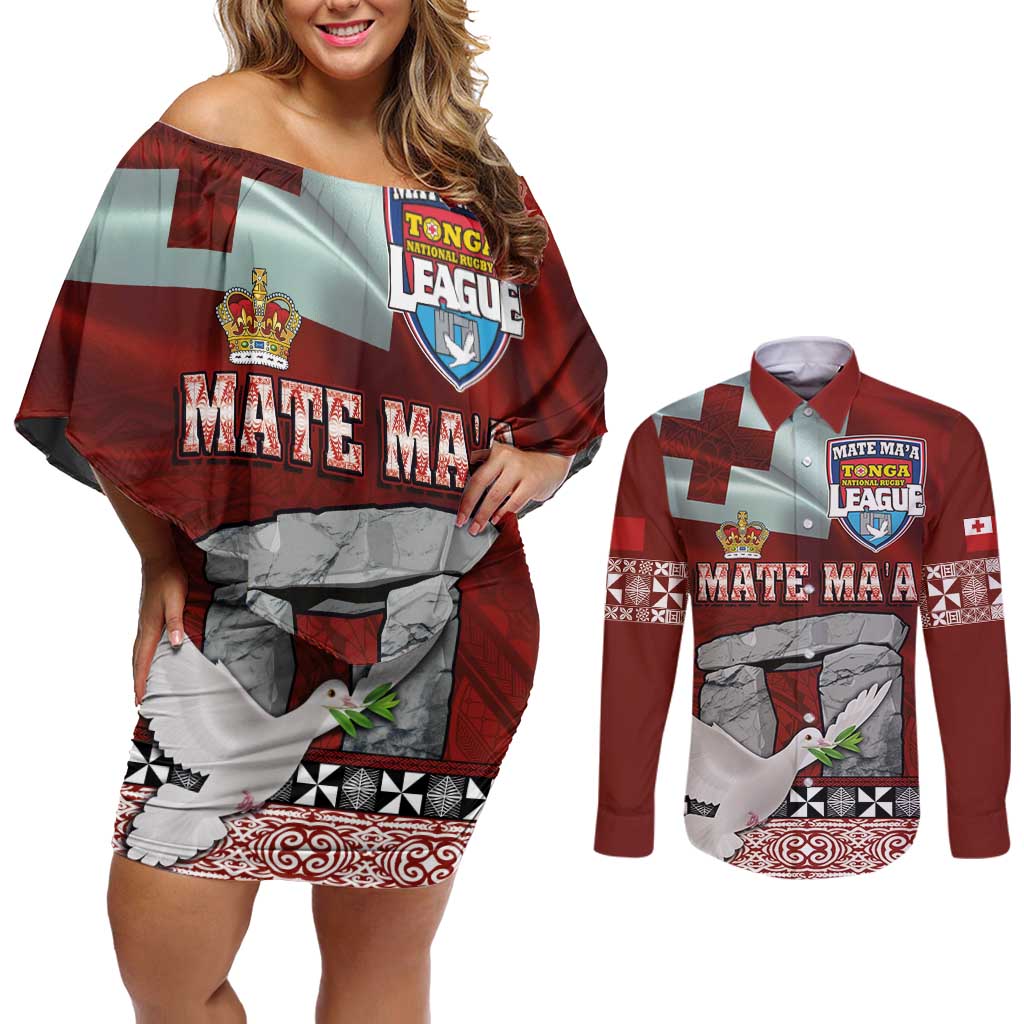 Mate Ma'a Tonga Couples Matching Off Shoulder Short Dress and Long Sleeve Button Shirt Haamonga a Maui and White Dove - Tongan Kupesi Ngatu LT03 Red - Polynesian Pride