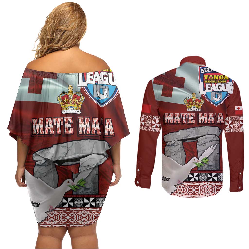 Mate Ma'a Tonga Couples Matching Off Shoulder Short Dress and Long Sleeve Button Shirt Haamonga a Maui and White Dove - Tongan Kupesi Ngatu LT03 - Polynesian Pride