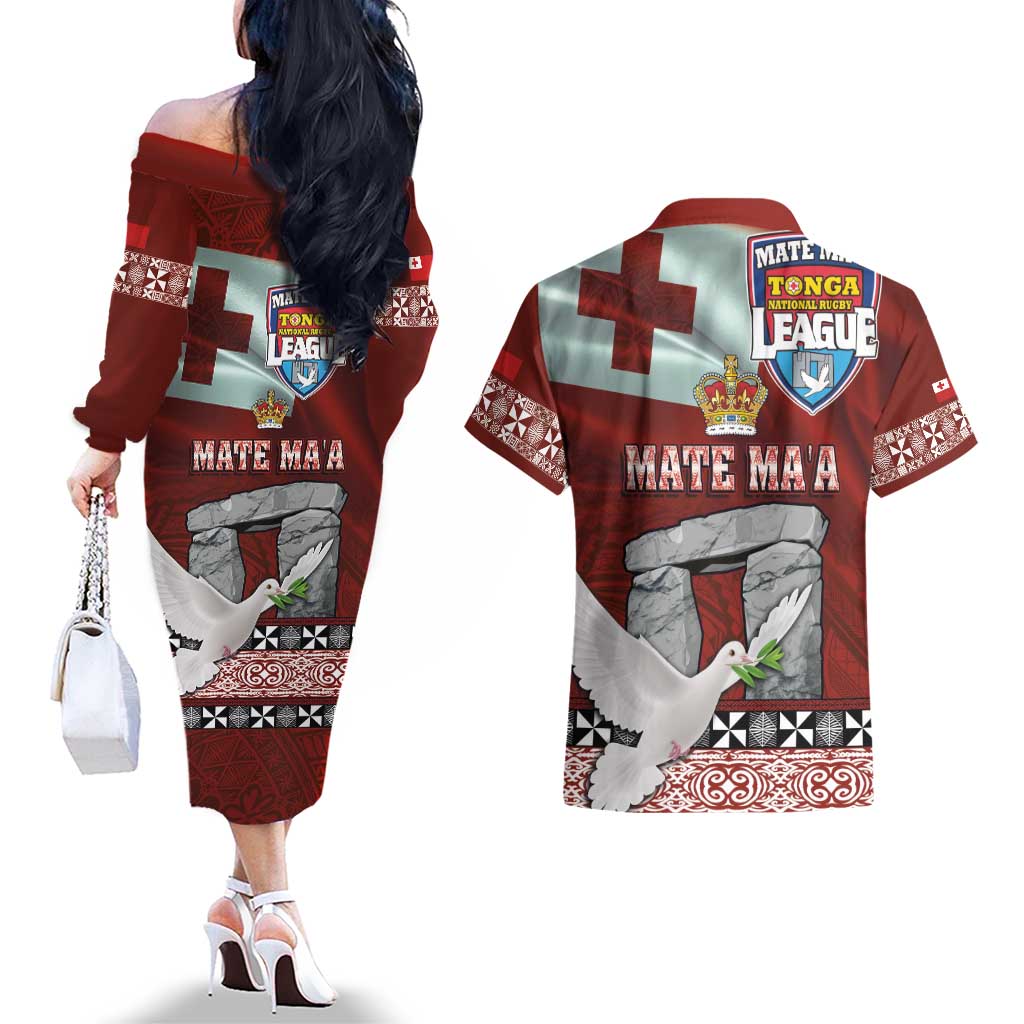 Mate Ma'a Tonga Couples Matching Off The Shoulder Long Sleeve Dress and Hawaiian Shirt Haamonga a Maui and White Dove - Tongan Kupesi Ngatu LT03 - Polynesian Pride