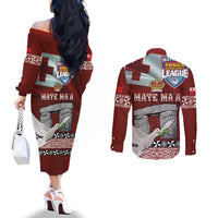 Mate Ma'a Tonga Couples Matching Off The Shoulder Long Sleeve Dress and Long Sleeve Button Shirt Haamonga a Maui and White Dove - Tongan Kupesi Ngatu LT03 - Polynesian Pride