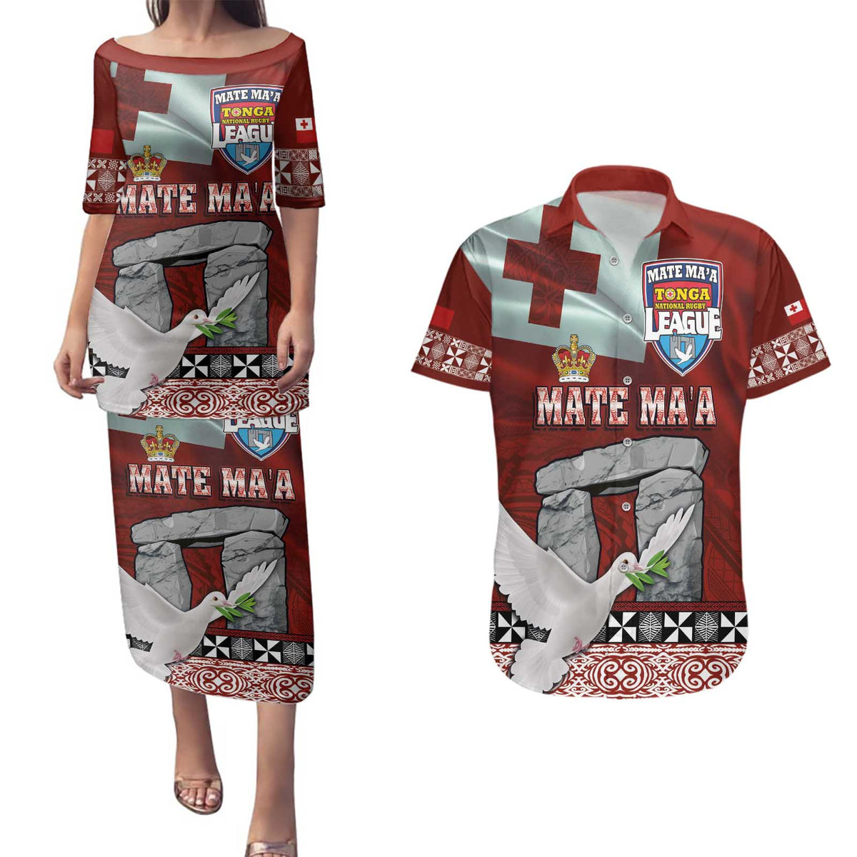 Mate Ma'a Tonga Couples Matching Puletasi and Hawaiian Shirt Haamonga a Maui and White Dove - Tongan Kupesi Ngatu LT03 Red - Polynesian Pride